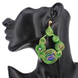 GREEN AND GOLD TONE COILED WIRE CHANDELIER EARRINGS